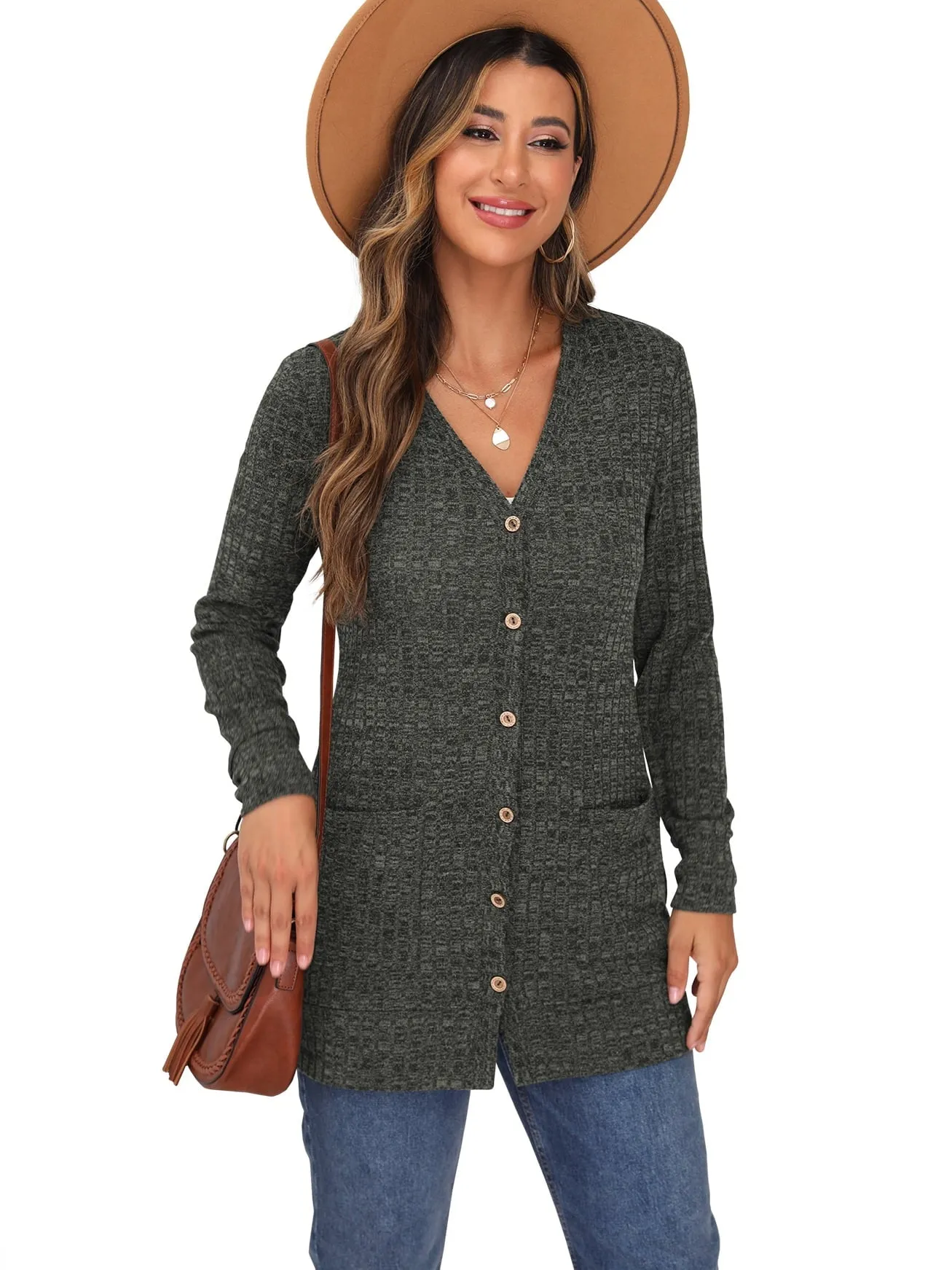 JWD Women's Long Sleeve Open Front Cardigan Button Down Vee Neck Ribbed Knit Lightweight Outerwear with Pocket