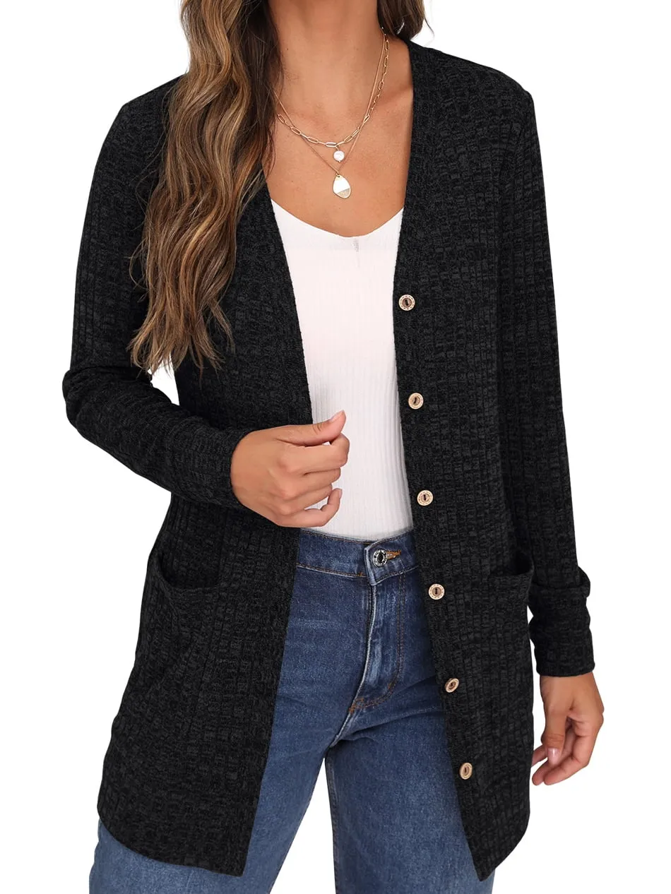 JWD Women's Long Sleeve Open Front Cardigan Button Down Vee Neck Ribbed Knit Lightweight Outerwear with Pocket