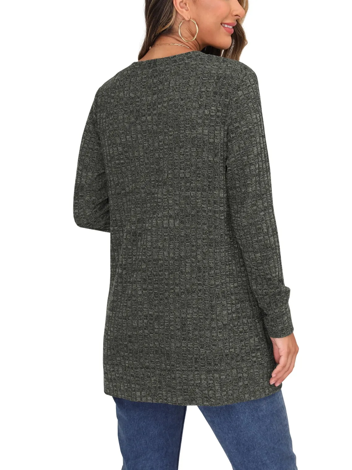 JWD Women's Long Sleeve Open Front Cardigan Button Down Vee Neck Ribbed Knit Lightweight Outerwear with Pocket