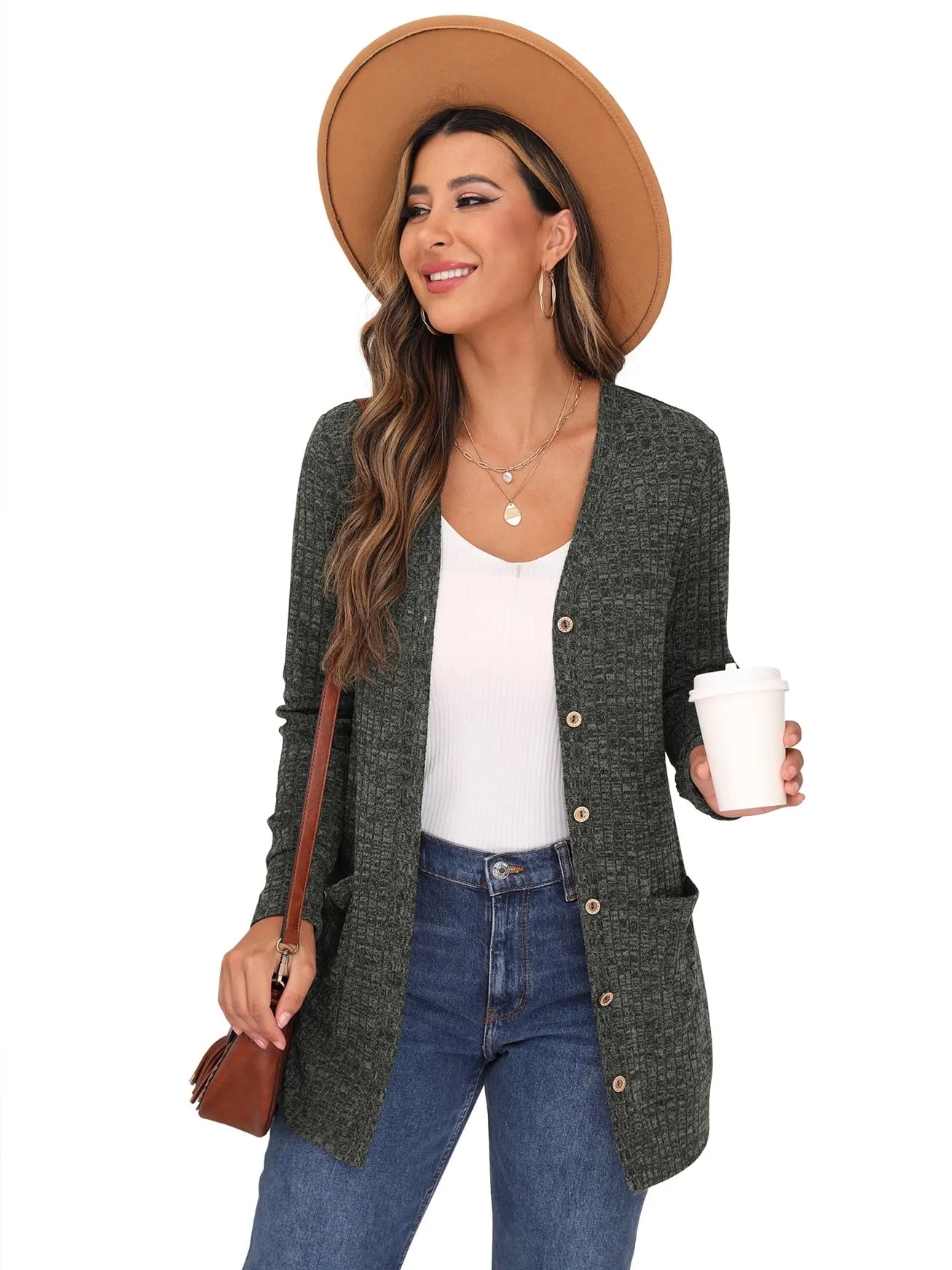 JWD Women's Long Sleeve Open Front Cardigan Button Down Vee Neck Ribbed Knit Lightweight Outerwear with Pocket