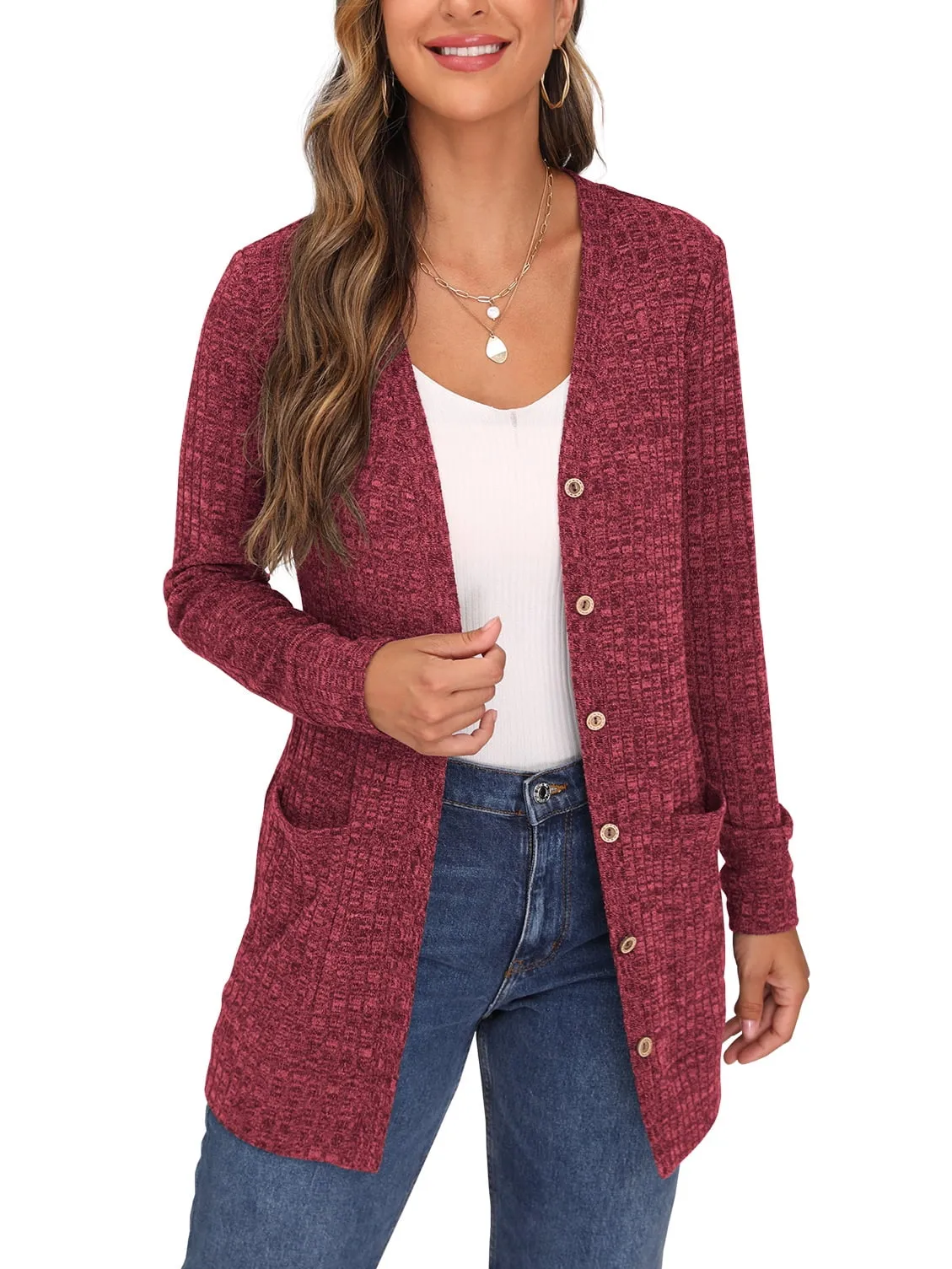 JWD Women's Long Sleeve Open Front Cardigan Button Down Vee Neck Ribbed Knit Lightweight Outerwear with Pocket