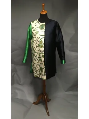 *Lined Navy and Green Silk Coat with Vintage Crewelwork Panel