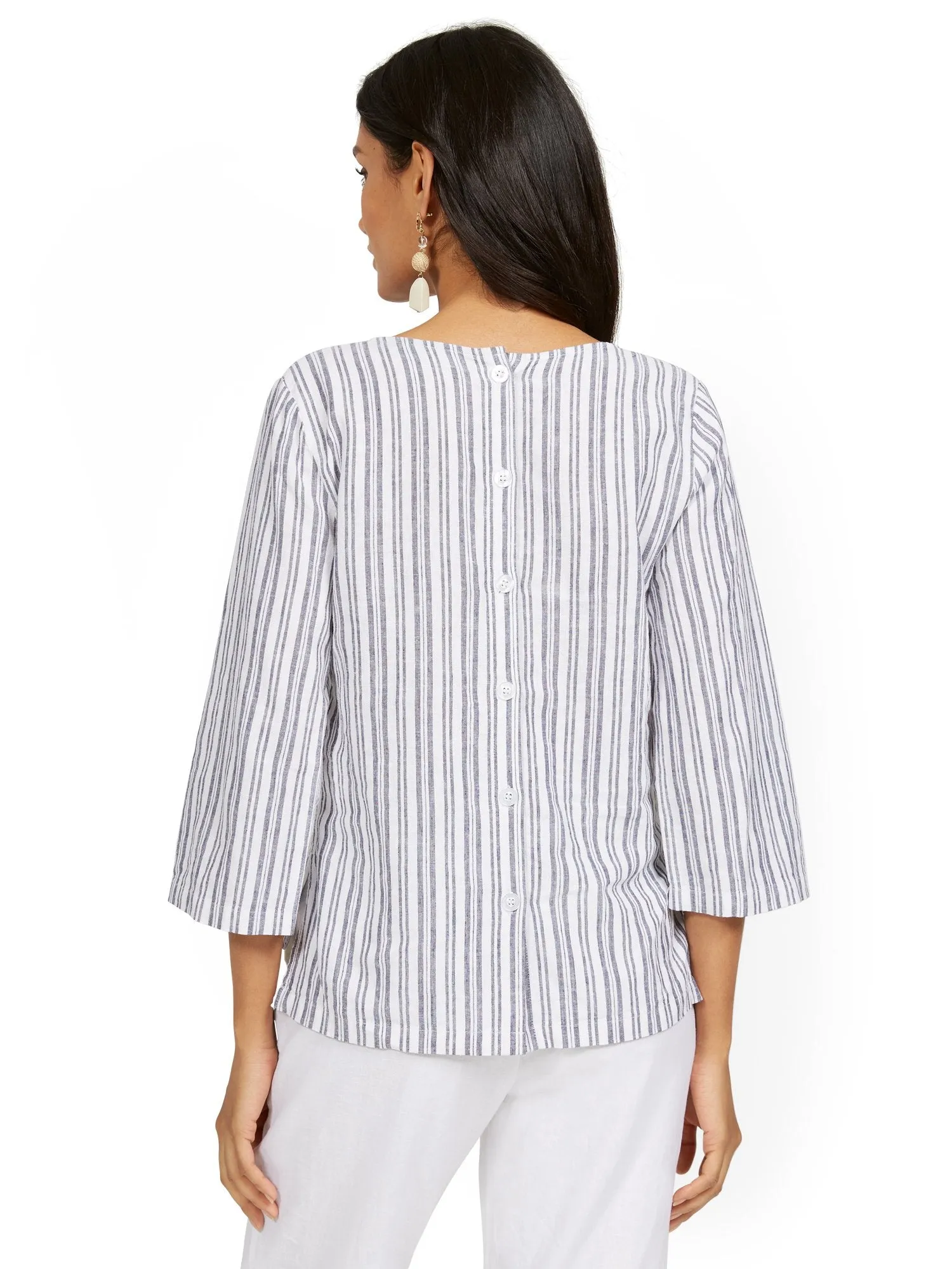 Linen-Blend Striped 3/4-Sleeve V-Neck Top