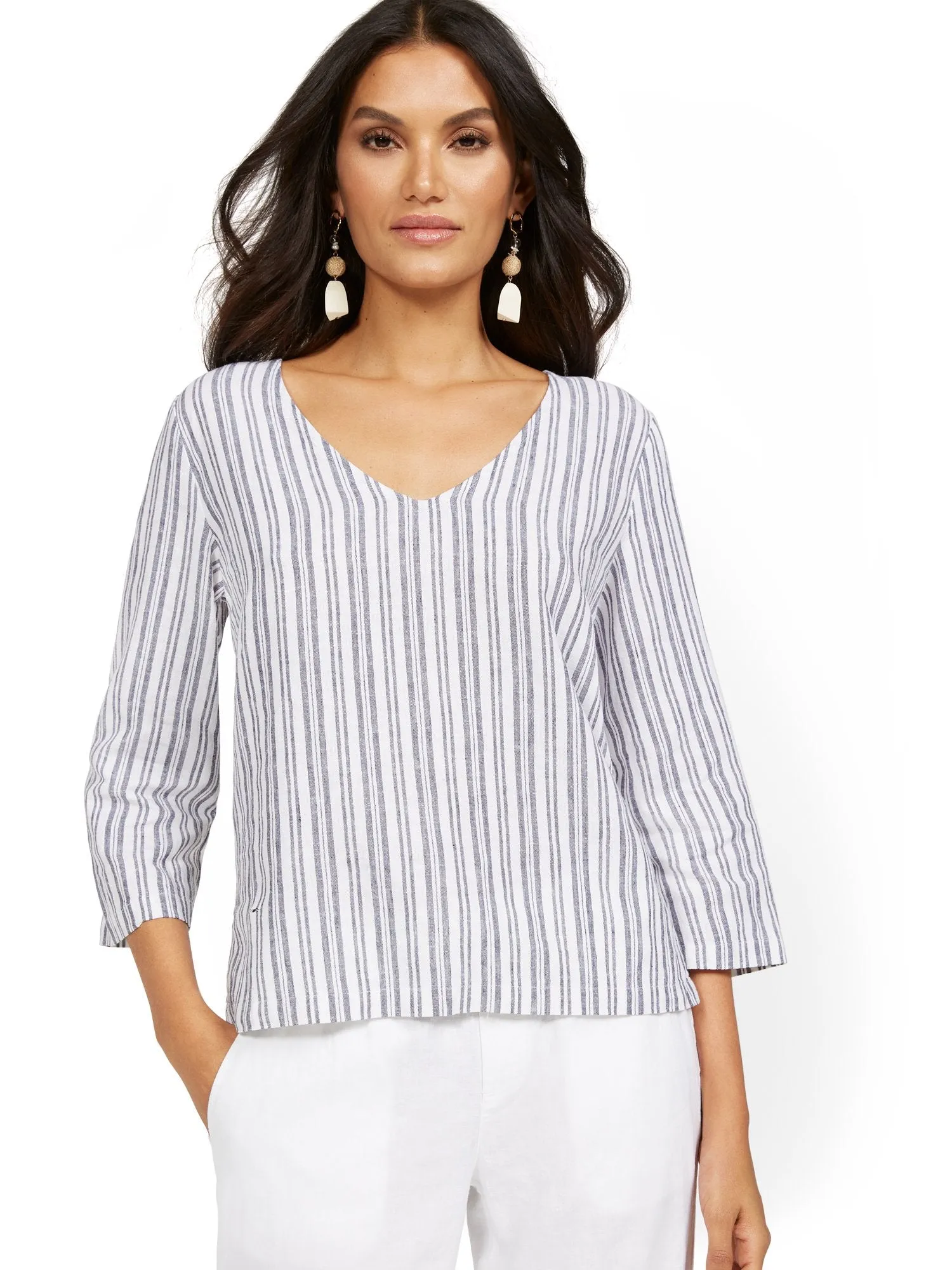 Linen-Blend Striped 3/4-Sleeve V-Neck Top