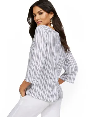 Linen-Blend Striped 3/4-Sleeve V-Neck Top