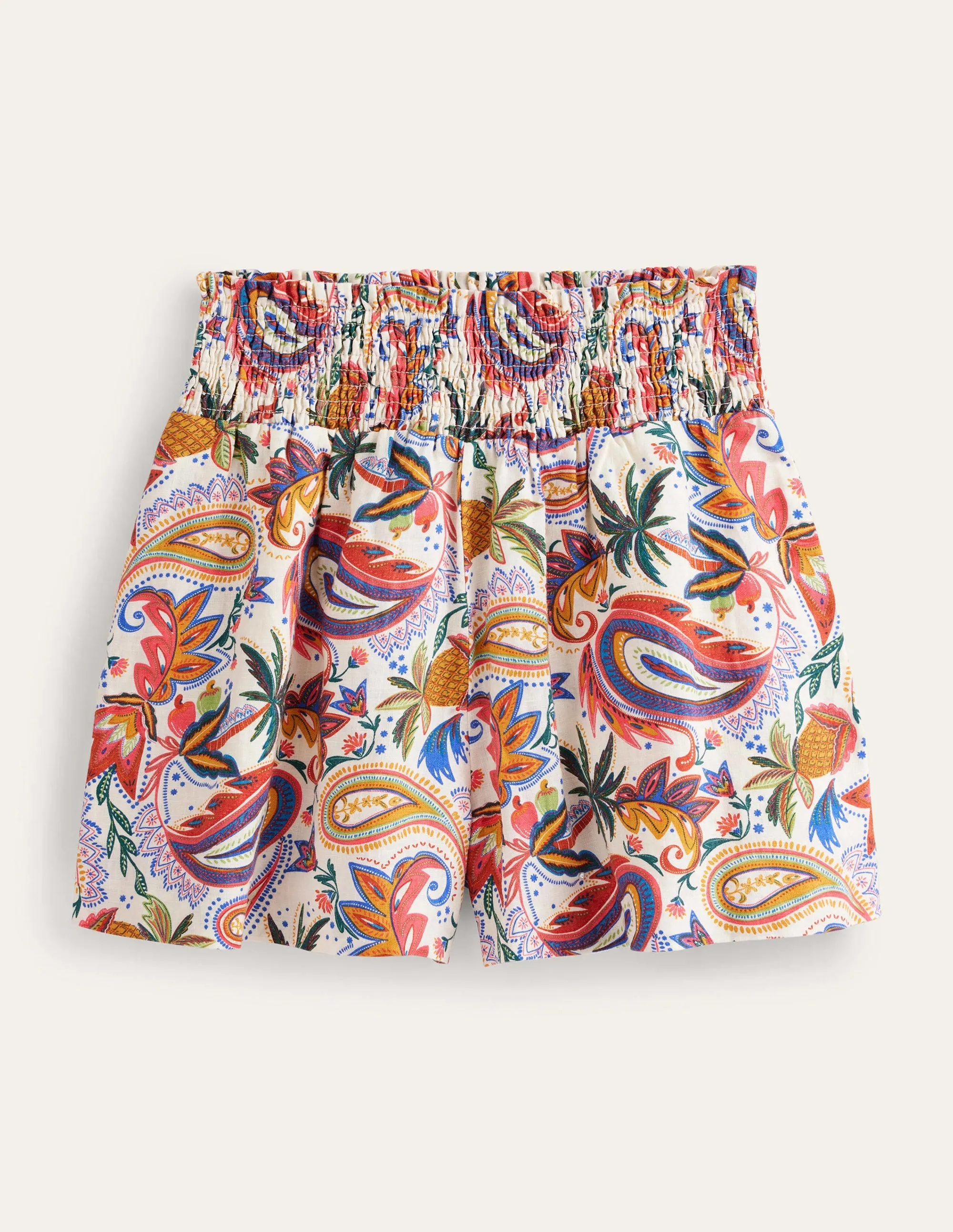 Linen Shirred Waist Shorts-Ivory Conversational Print