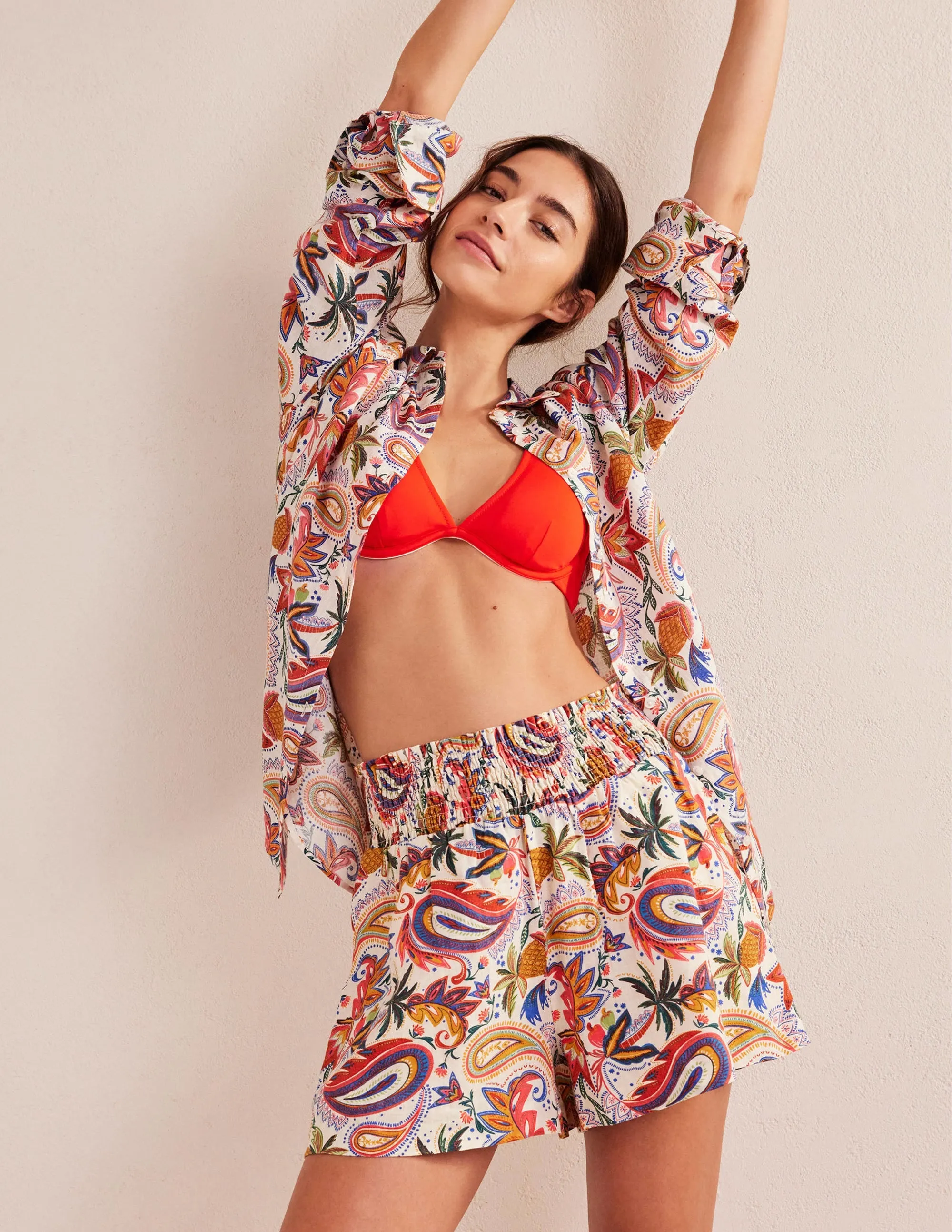 Linen Shirred Waist Shorts-Ivory Conversational Print
