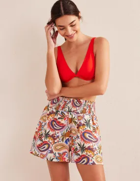 Linen Shirred Waist Shorts-Ivory Conversational Print