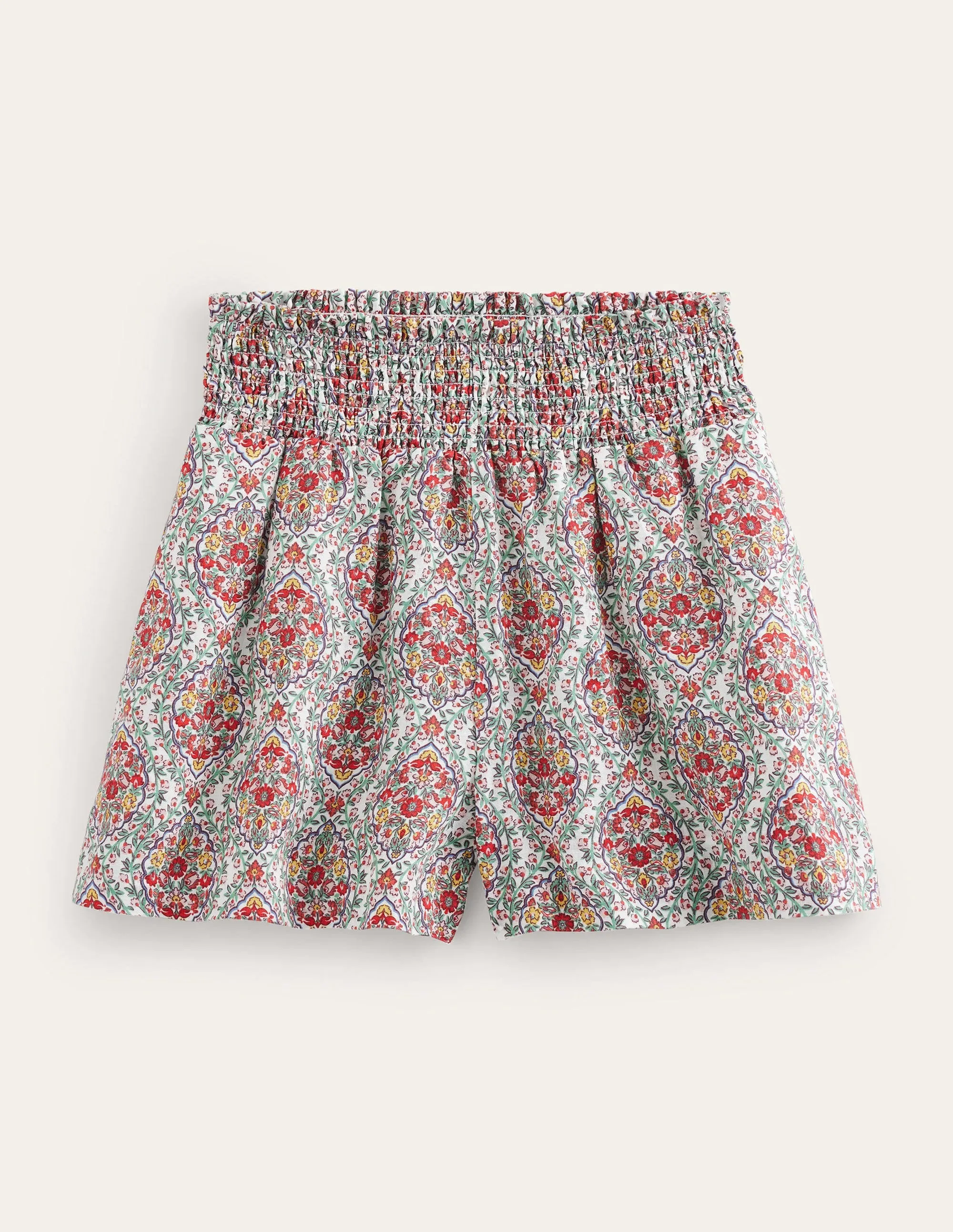 Linen Shirred Waist Shorts-Multi, Vine Terrace
