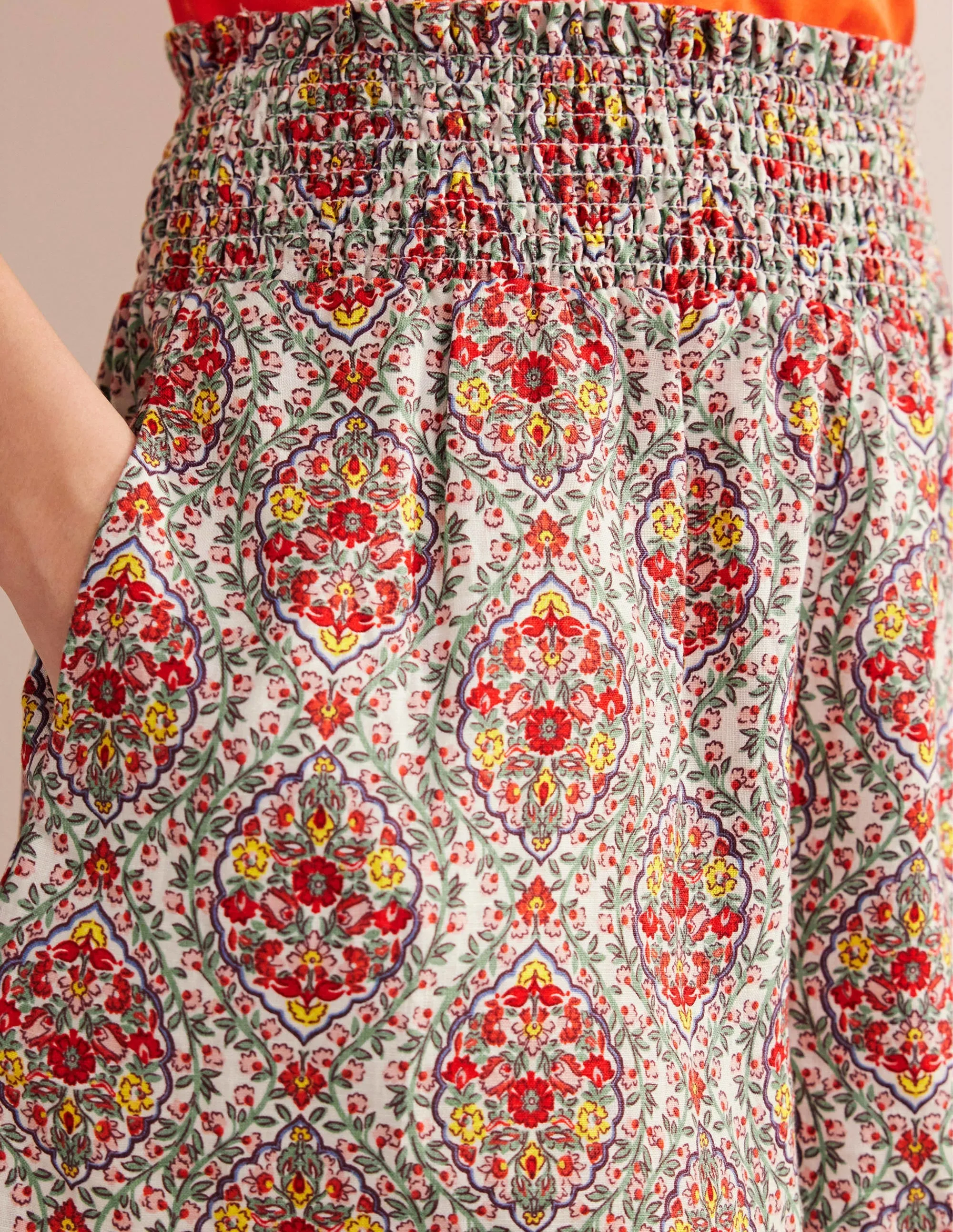 Linen Shirred Waist Shorts-Multi, Vine Terrace