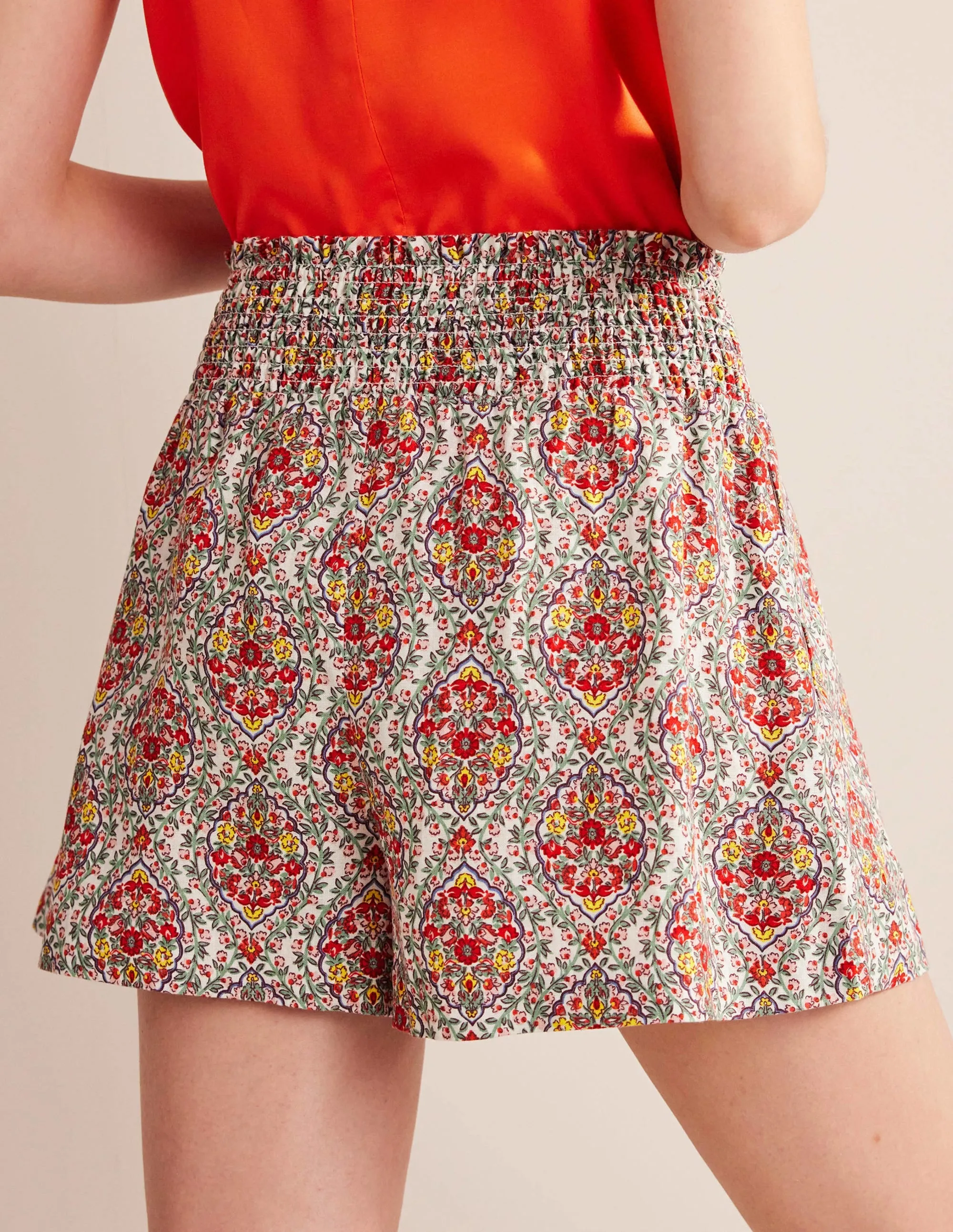 Linen Shirred Waist Shorts-Multi, Vine Terrace