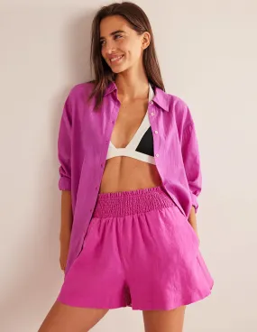 Linen Shirred Waist Shorts-Rose Violet