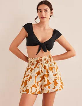 Linen Shirred Waist Shorts-Rust Paisley Whirl