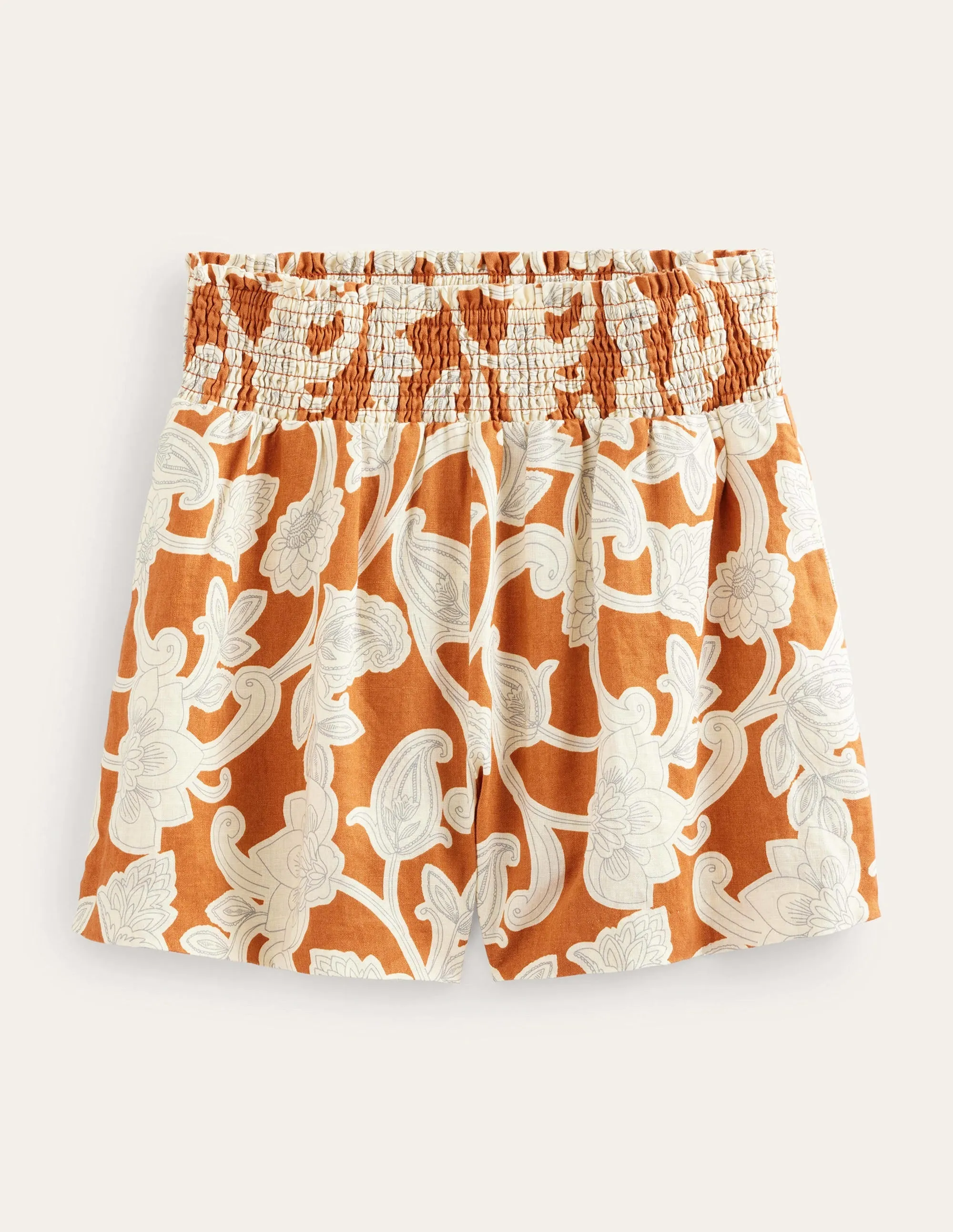 Linen Shirred Waist Shorts-Rust Paisley Whirl