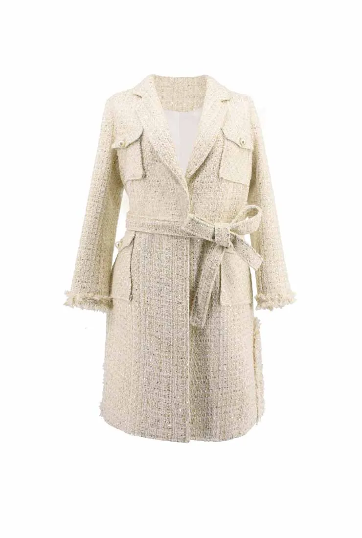 Medium Length Lapel Collar Tweed Coat