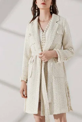 Medium Length Lapel Collar Tweed Coat