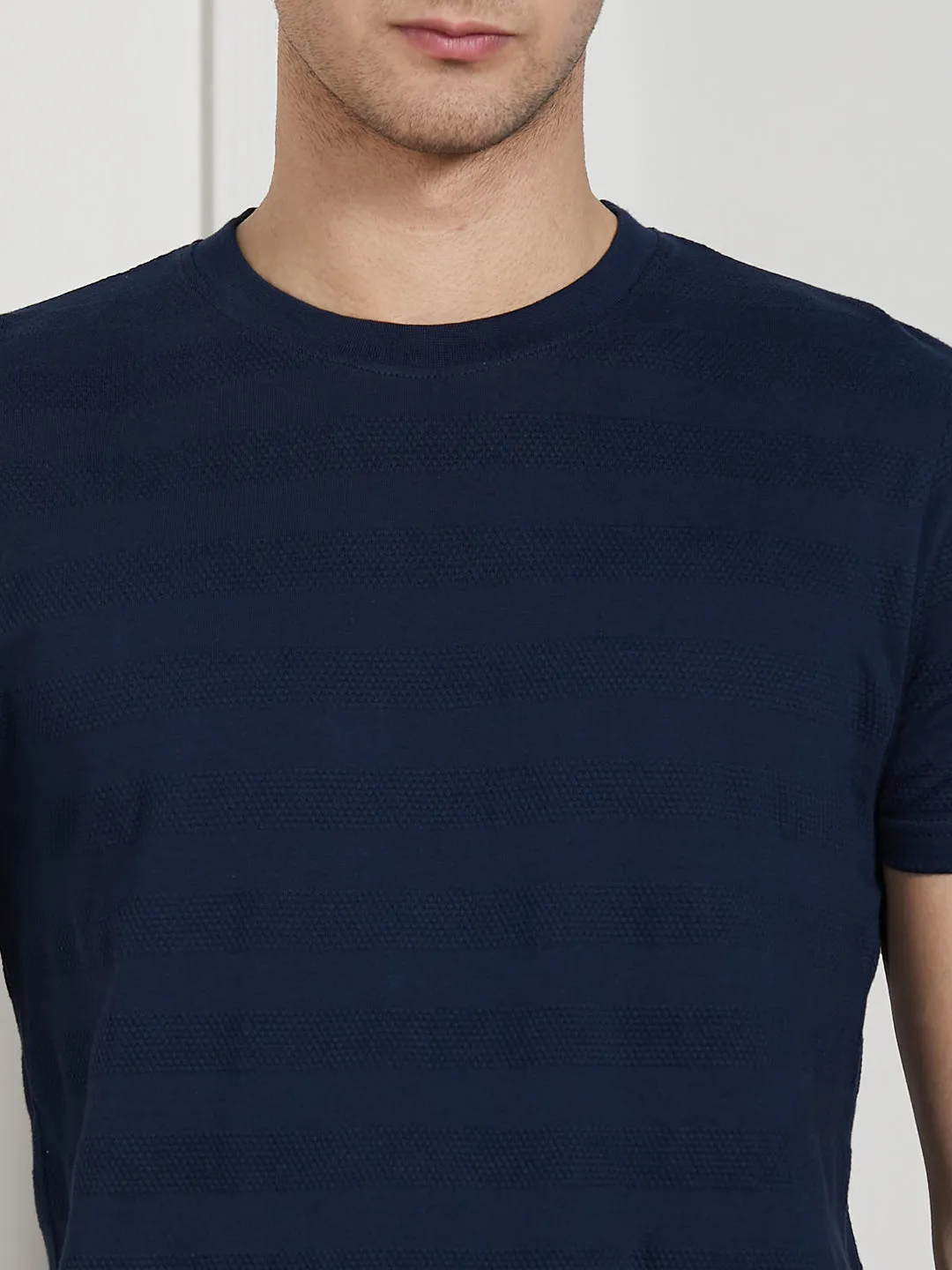 Men's Dark Blue Cotton Regular Fit Textured Round Neck T-Shirt