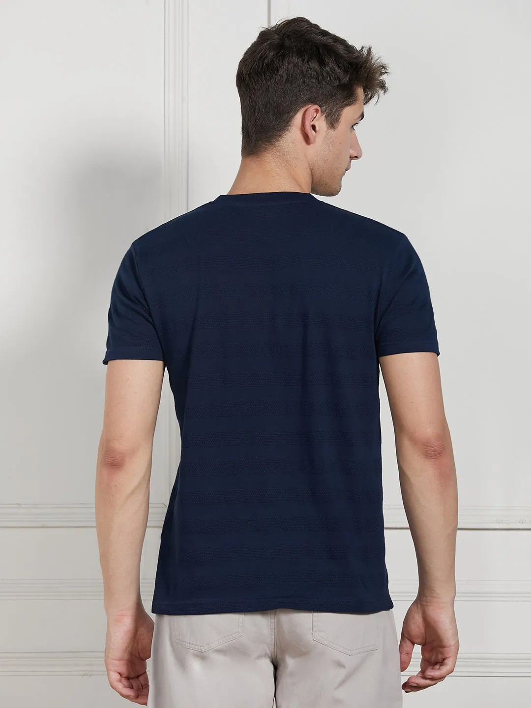 Men's Dark Blue Cotton Regular Fit Textured Round Neck T-Shirt