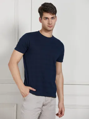 Men's Dark Blue Cotton Regular Fit Textured Round Neck T-Shirt