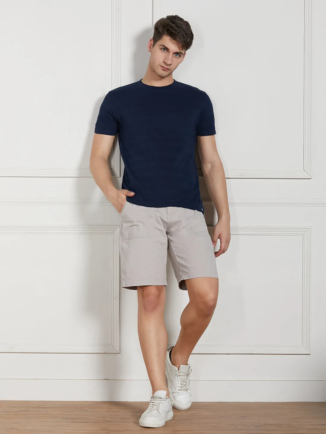 Men's Dark Blue Cotton Regular Fit Textured Round Neck T-Shirt