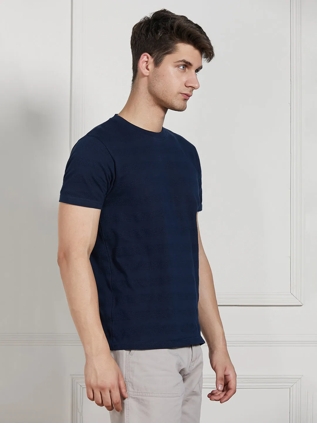 Men's Dark Blue Cotton Regular Fit Textured Round Neck T-Shirt
