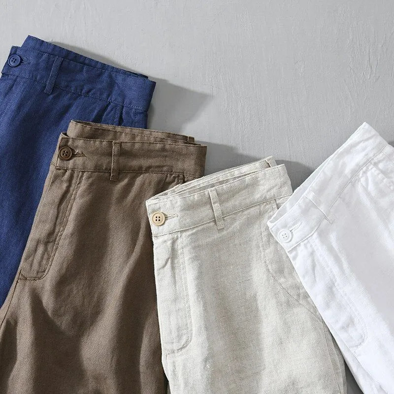 New Summer Men's Linen Shorts Casual Solid Colors Comfortable Straight Cut Button100% Linen L8216