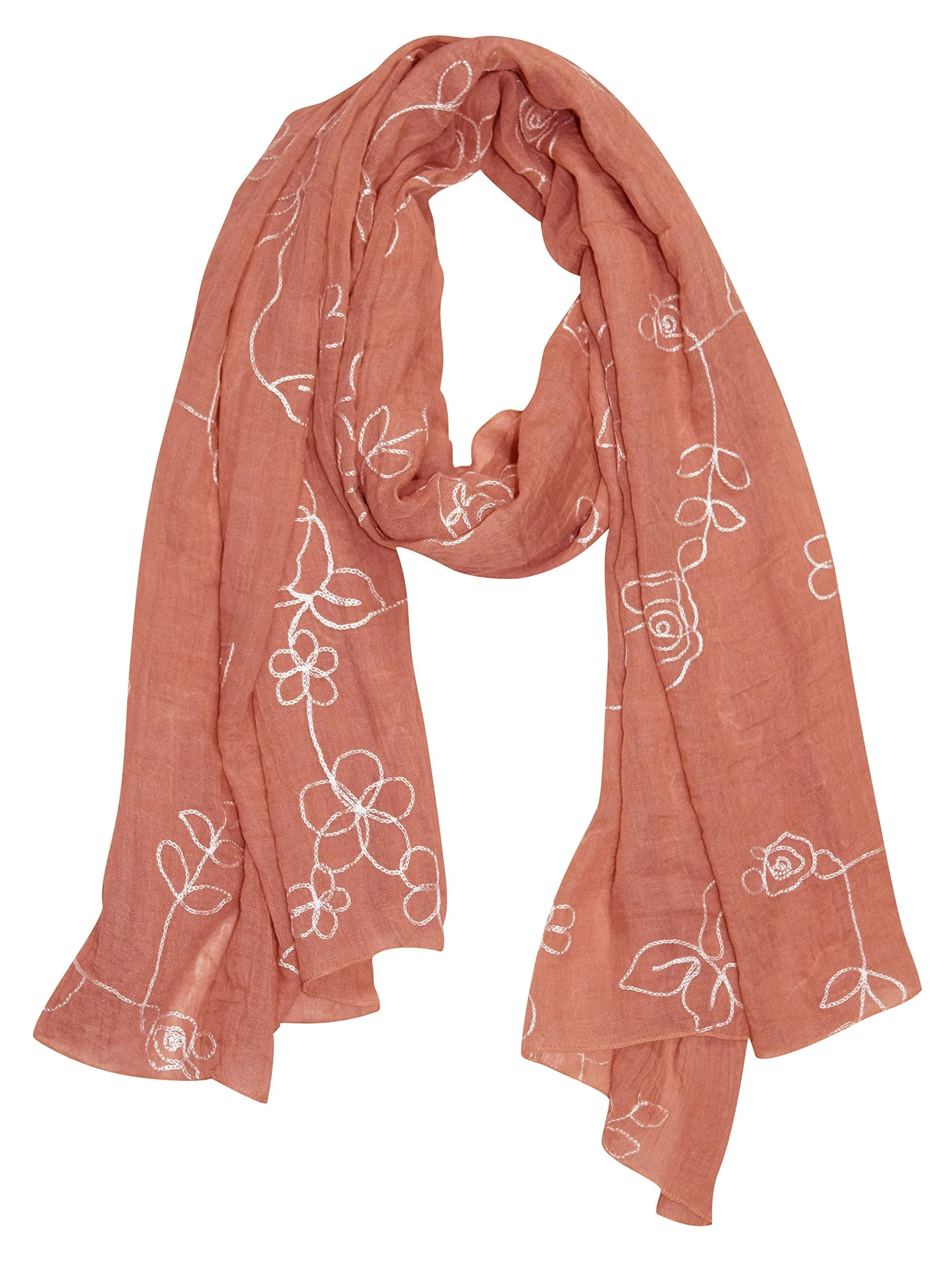 Peach Couture Sheer Soft Cloth Floral Embroidered Flower Summer Shawl Scarf Wrap