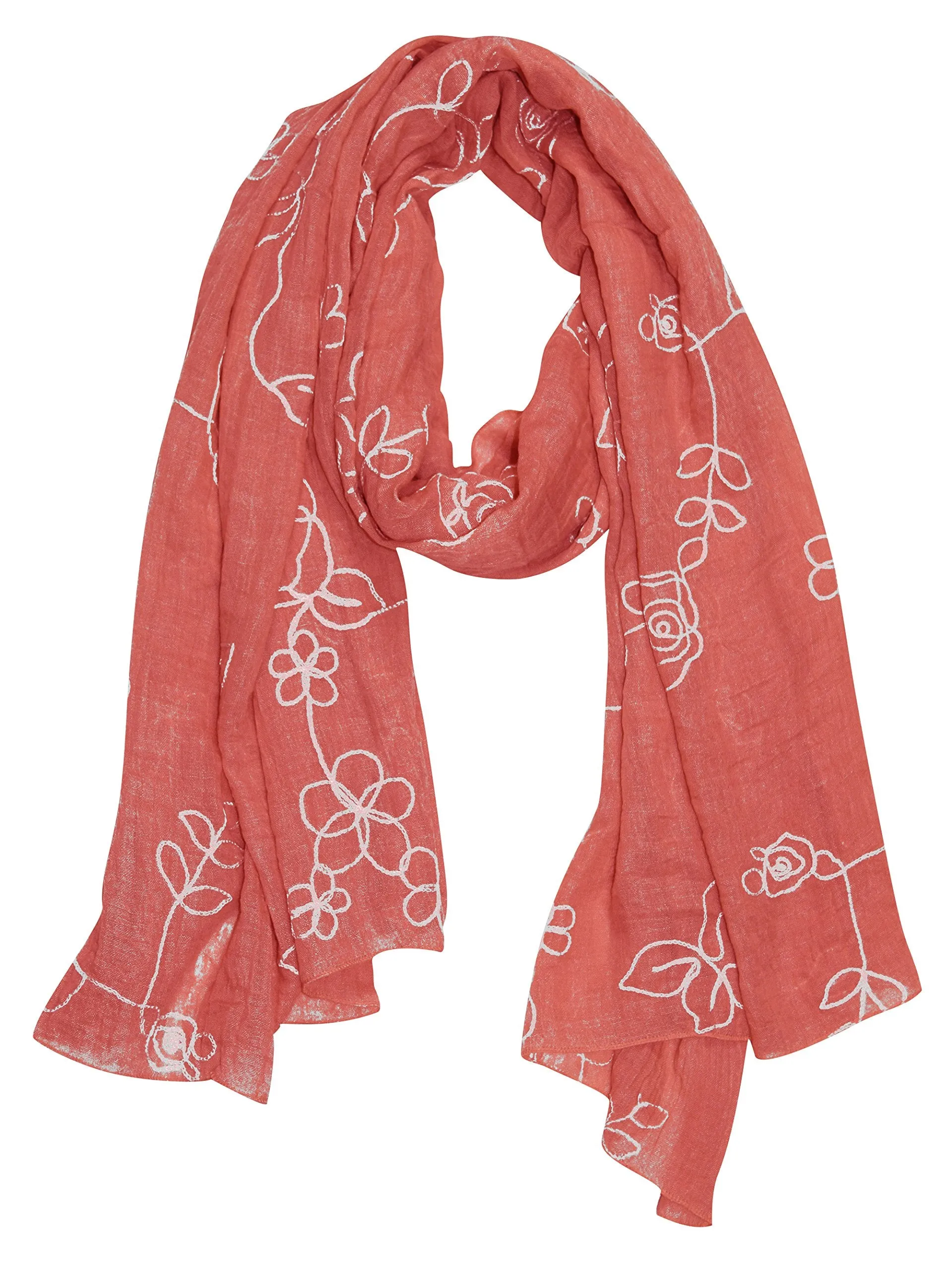 Peach Couture Sheer Soft Cloth Floral Embroidered Flower Summer Shawl Scarf Wrap