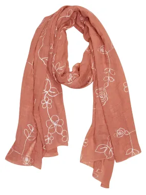 Peach Couture Sheer Soft Cloth Floral Embroidered Flower Summer Shawl Scarf Wrap