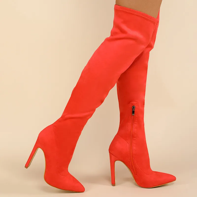 Plain Pointed Toe Stiletto Side Zipper Over-The-Knee Boots