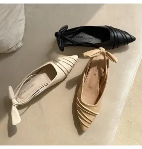 Pleated Flat Shoes Women Slingback Pointed Toe Female Back Bow Sandals Concise Casual Style Ladies Summer Inside High Shoe Woman
