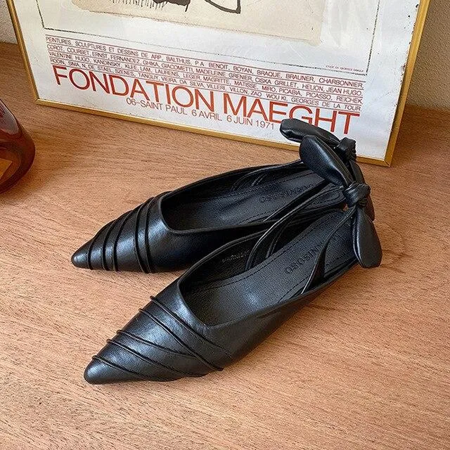 Pleated Flat Shoes Women Slingback Pointed Toe Female Back Bow Sandals Concise Casual Style Ladies Summer Inside High Shoe Woman