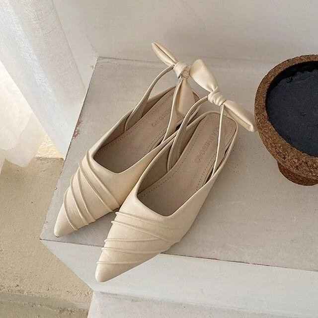 Pleated Flat Shoes Women Slingback Pointed Toe Female Back Bow Sandals Concise Casual Style Ladies Summer Inside High Shoe Woman