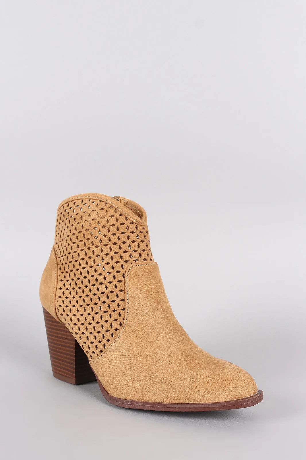 Qupid Perforated Suede Chunky Heeled Booties