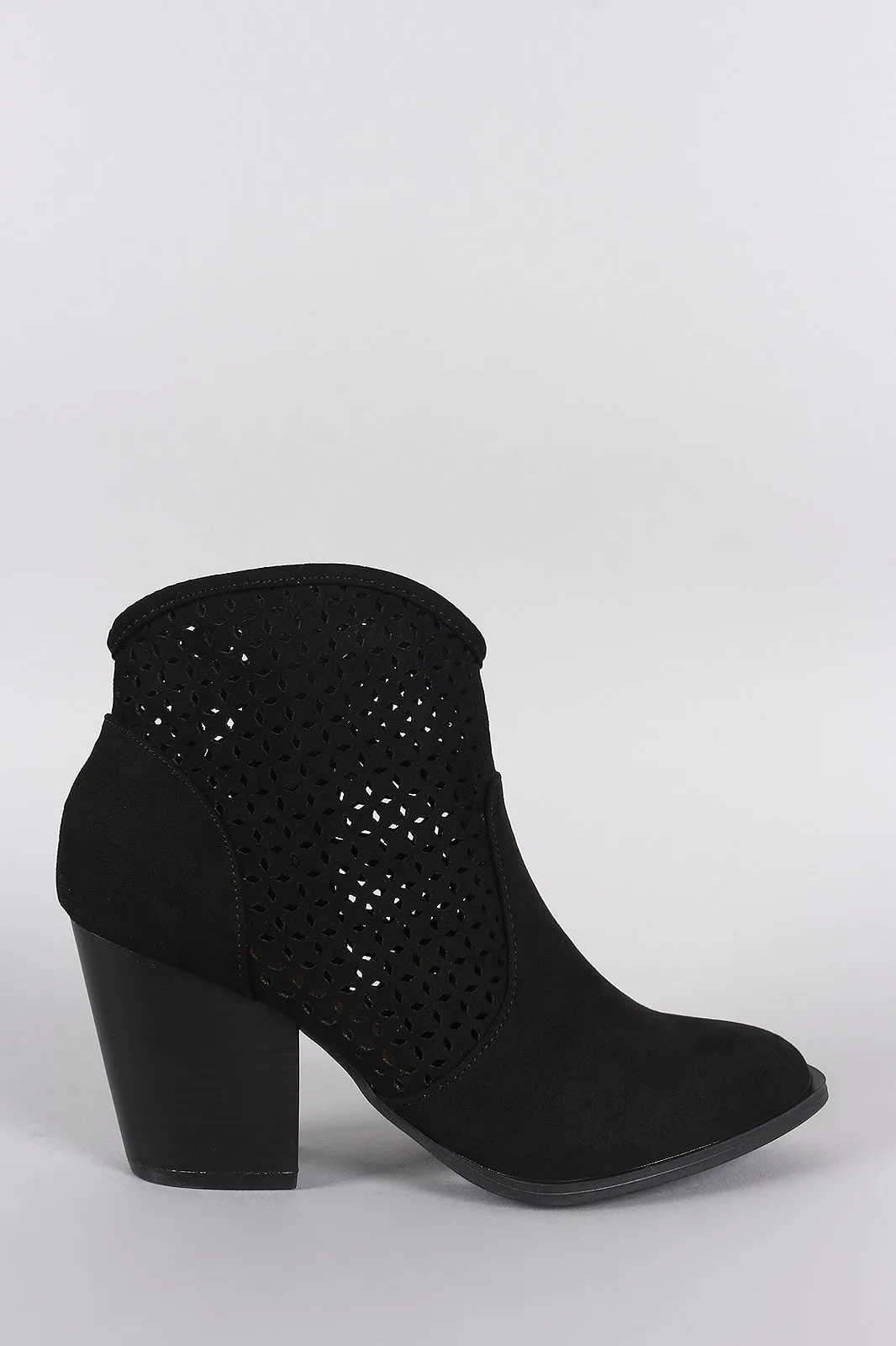 Qupid Perforated Suede Chunky Heeled Booties