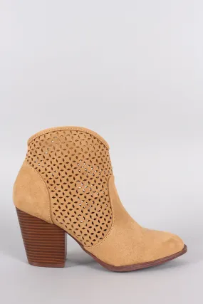 Qupid Perforated Suede Chunky Heeled Booties