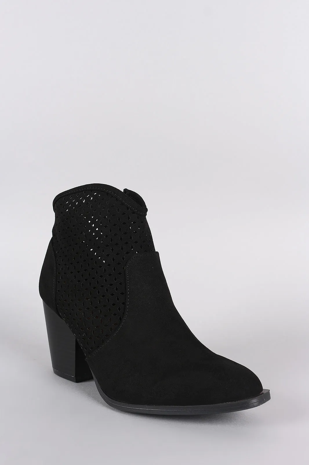 Qupid Perforated Suede Chunky Heeled Booties