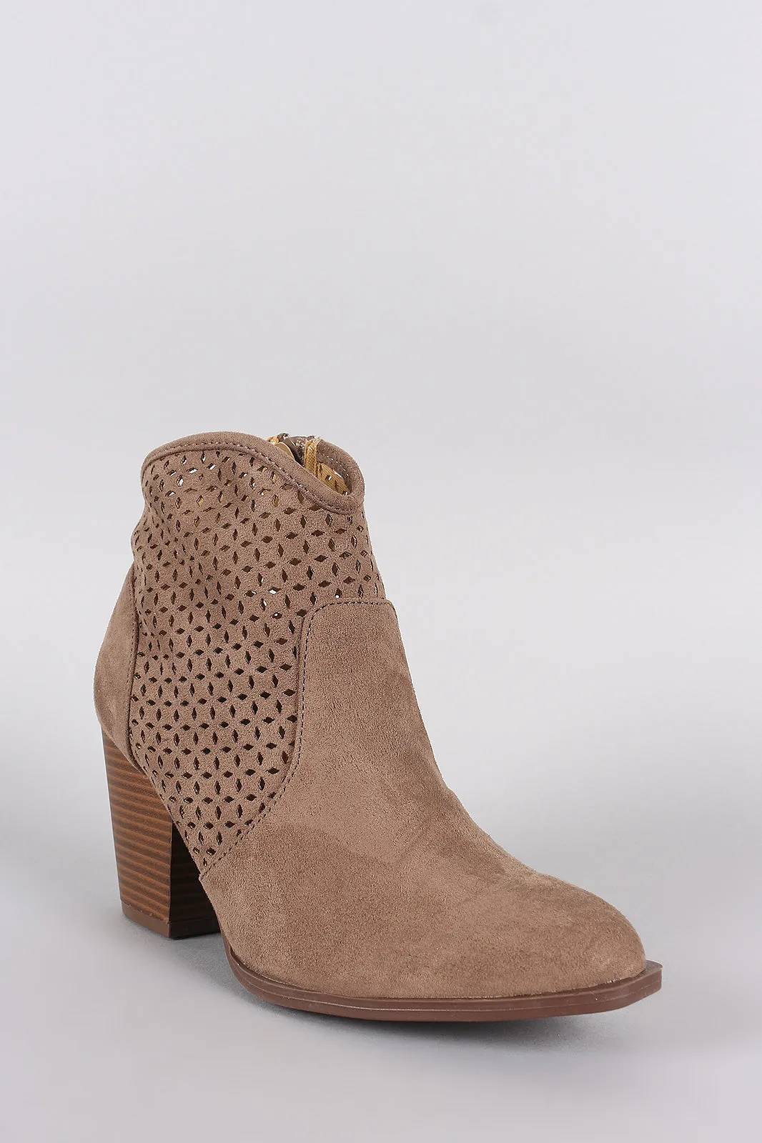 Qupid Perforated Suede Chunky Heeled Booties