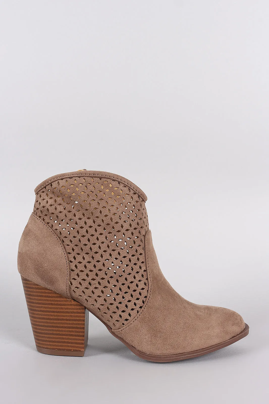 Qupid Perforated Suede Chunky Heeled Booties