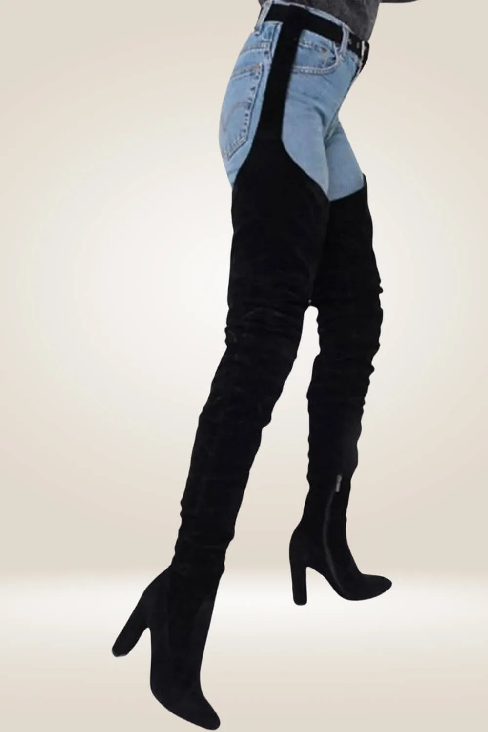 Rihanna Over the Knee Black Boots With Waist Belt