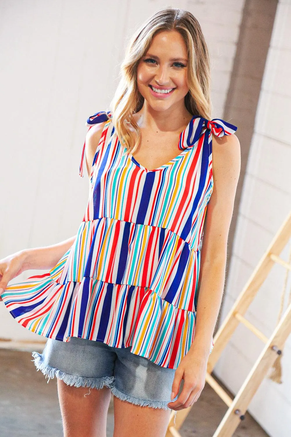 Royal Blue Vertical Stripe Tie Shoulder Tiered Tank Top