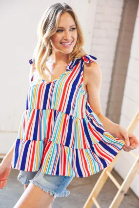Royal Blue Vertical Stripe Tie Shoulder Tiered Tank Top