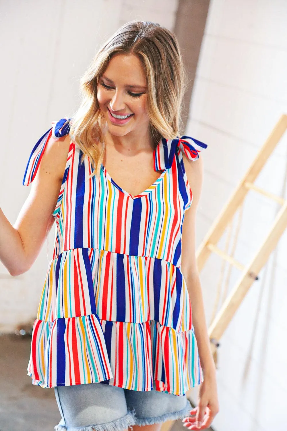 Royal Blue Vertical Stripe Tie Shoulder Tiered Tank Top
