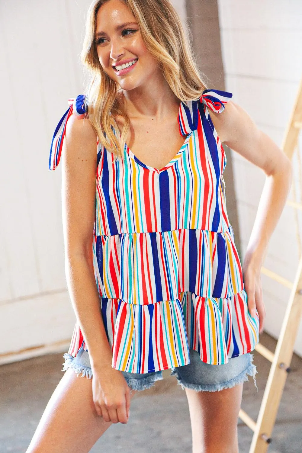 Royal Blue Vertical Stripe Tie Shoulder Tiered Tank Top