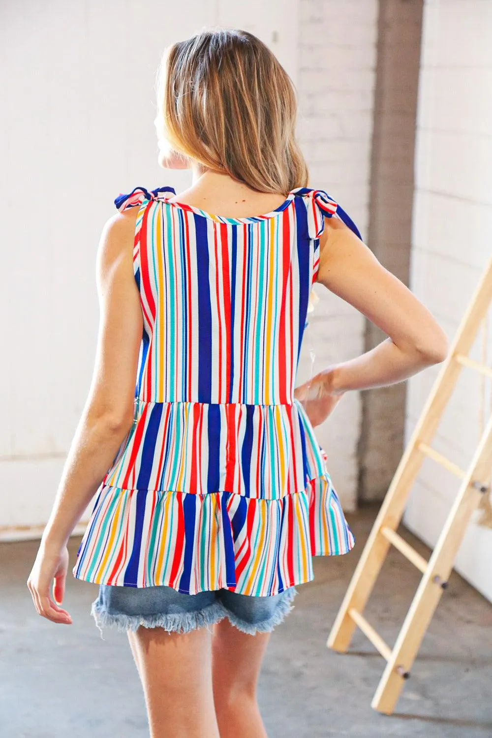 Royal Blue Vertical Stripe Tie Shoulder Tiered Tank Top