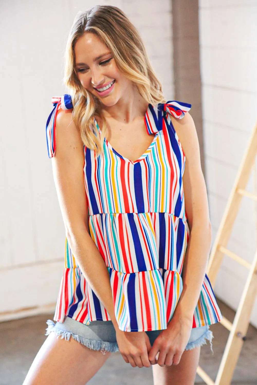 Royal Blue Vertical Stripe Tie Shoulder Tiered Tank Top