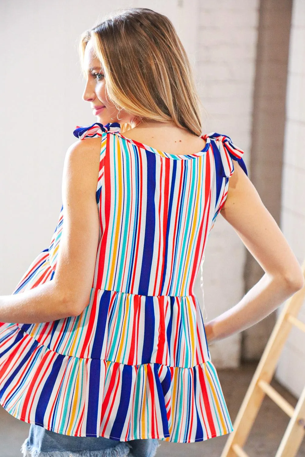 Royal Blue Vertical Stripe Tie Shoulder Tiered Tank Top