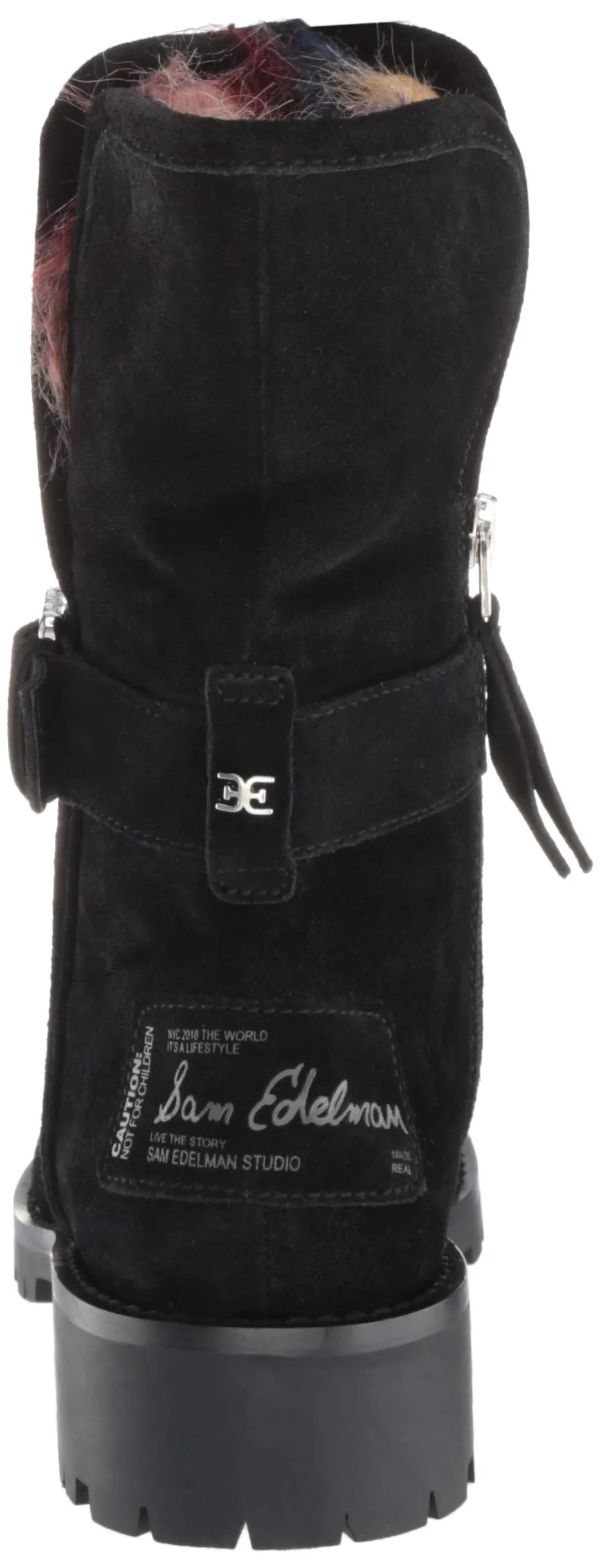 Sam Edelman Jeanie Black Suede Multi Color Fur Lined Moto Combat Chelsea Boots