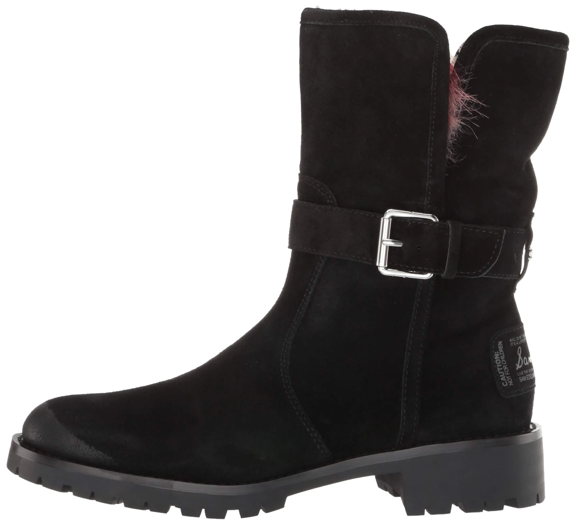 Sam Edelman Jeanie Black Suede Multi Color Fur Lined Moto Combat Chelsea Boots