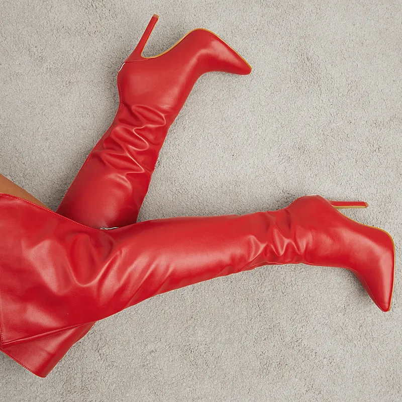 Sexy PU leather wide calf stiletto heels thigh high boots with back zipper